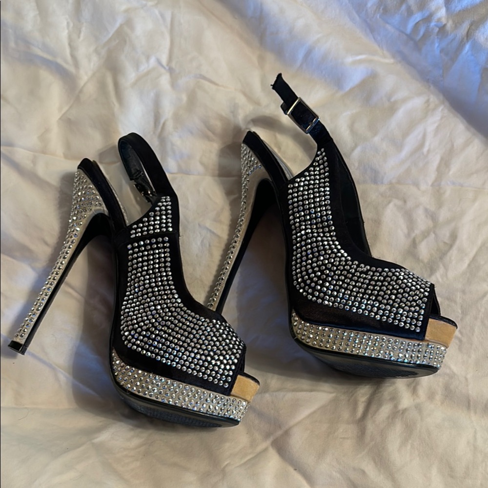 ALDO Black and Silver High Stiletto Heels with Rhinestone Embellishments